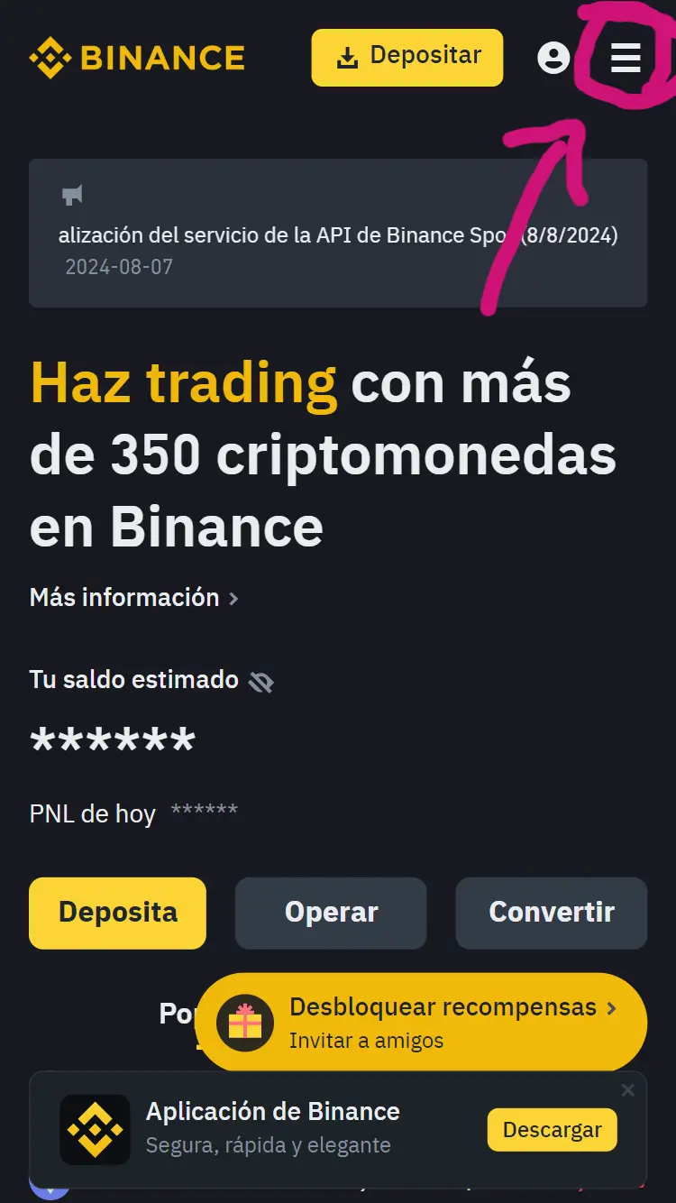 Pantalla de inicio de Binance P2P